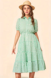 Checkered Puff Sleeve Tiered Shirt Dress - Smocked.