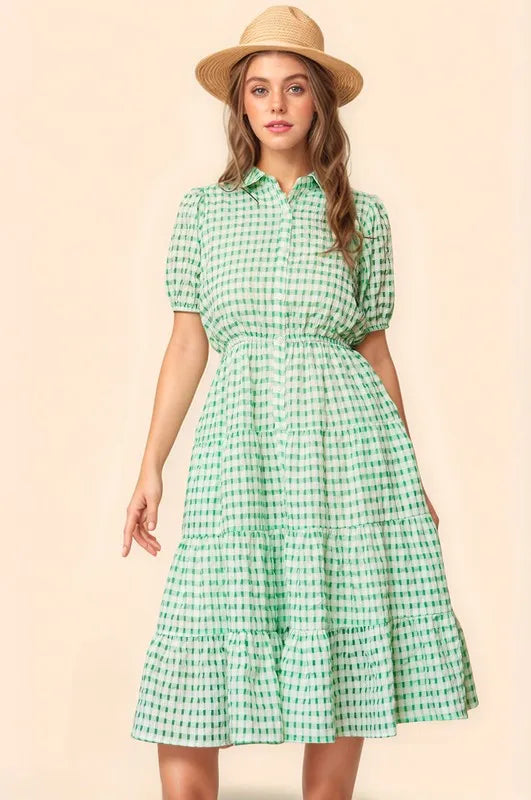 Checkered Puff Sleeve Tiered Shirt Dress - Smocked.