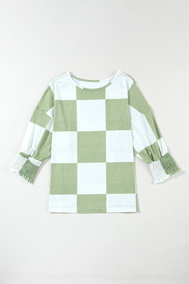 Checkered round neck lantern sleeve top with frill.