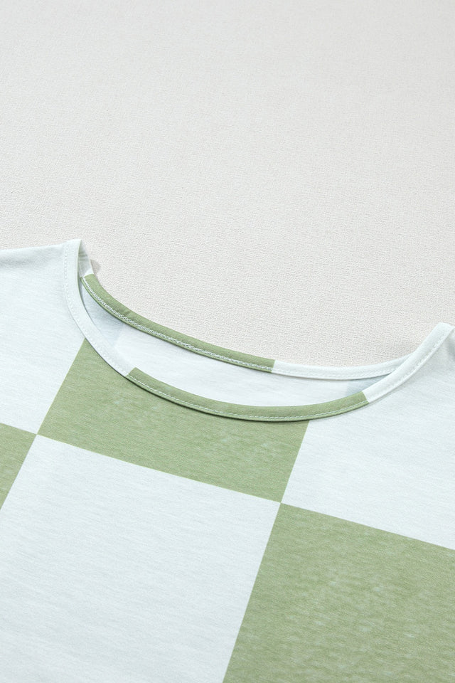 Checkered round neck lantern sleeve top with frill.