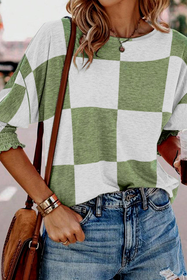 Checkered round neck lantern sleeve top with frill.