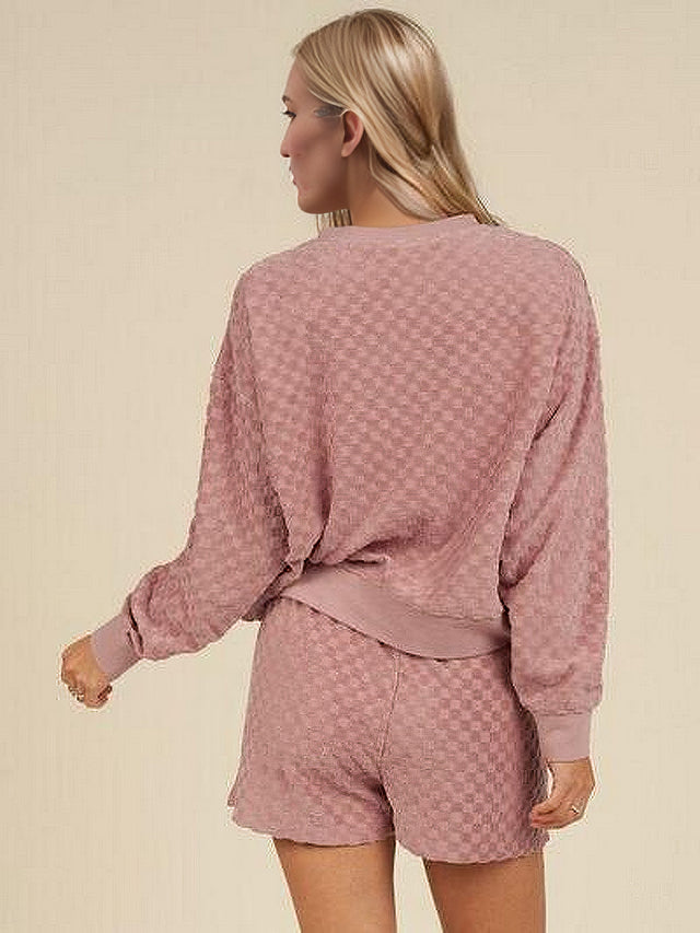 Women's checkered round neck long sleeve top and shorts set