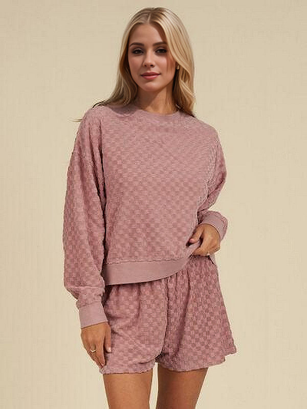 Women's checkered round neck long sleeve top and shorts set