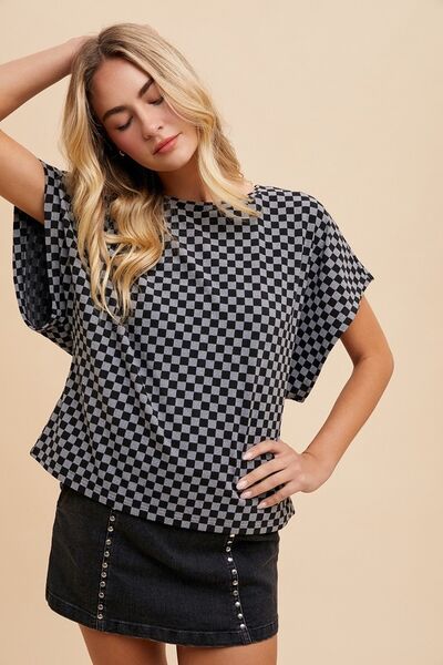 Checkered Round Neck Short Sleeve T-Shirt