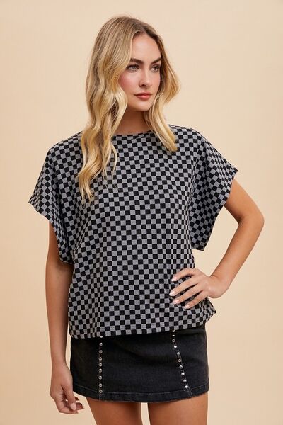 Checkered Round Neck Short Sleeve T-Shirt
