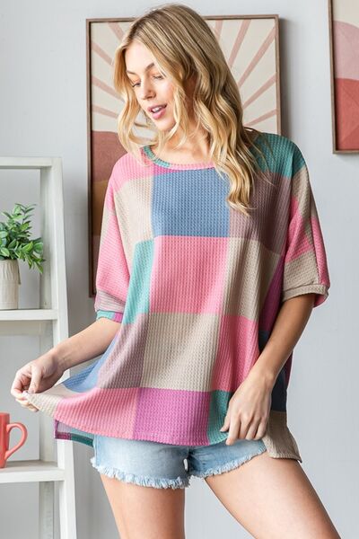 Checkered Round Neck Side Slit T-Shirt