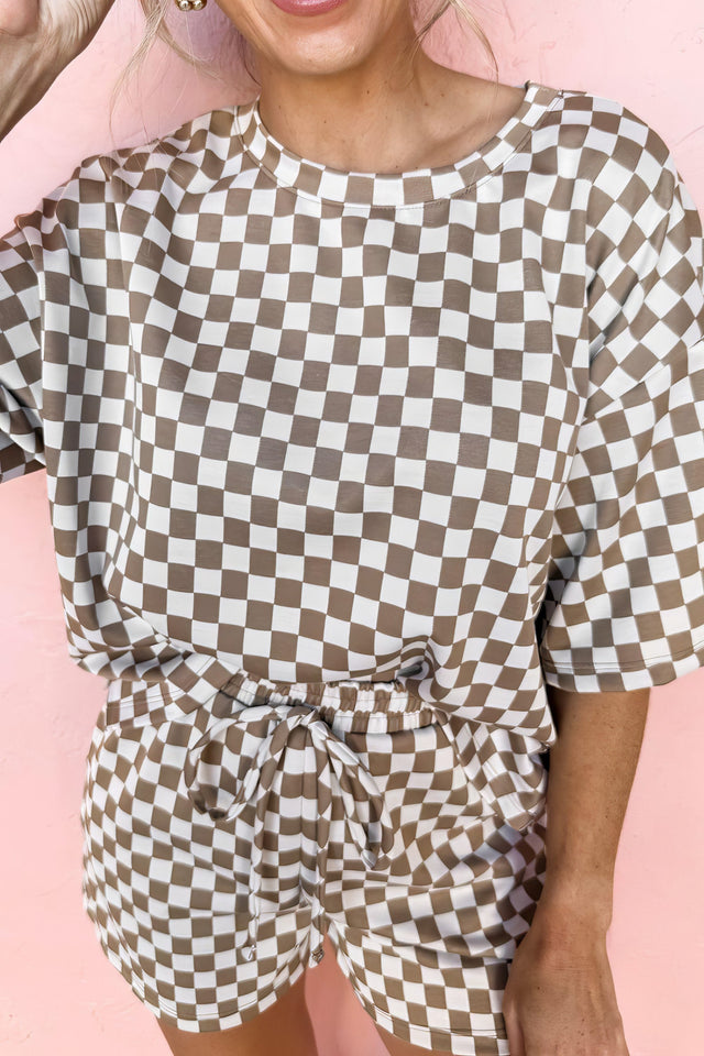 Women's checkered two-piece set with round neck top and drawstring shorts