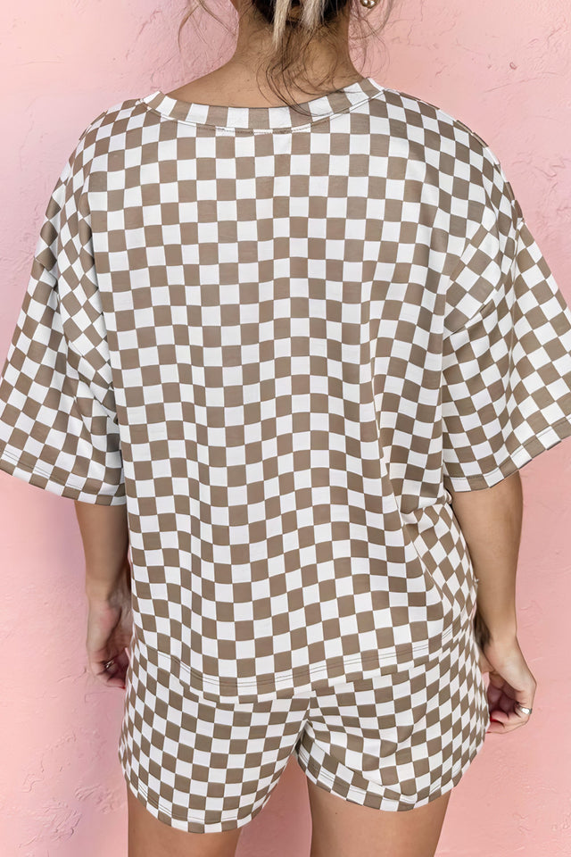 Women's checkered two-piece set with round neck top and drawstring shorts