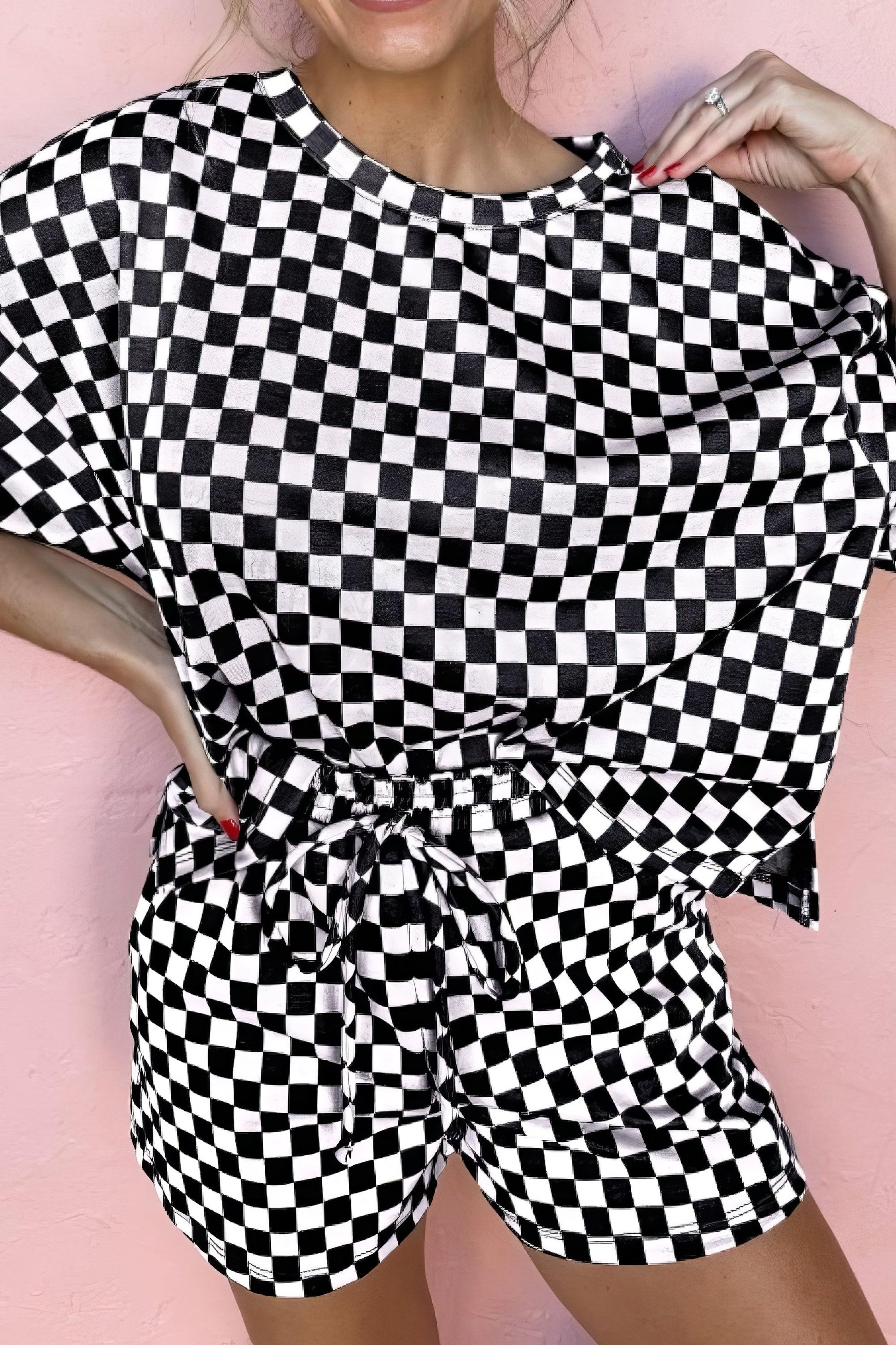 Women's checkered two-piece set with round neck top and drawstring shorts