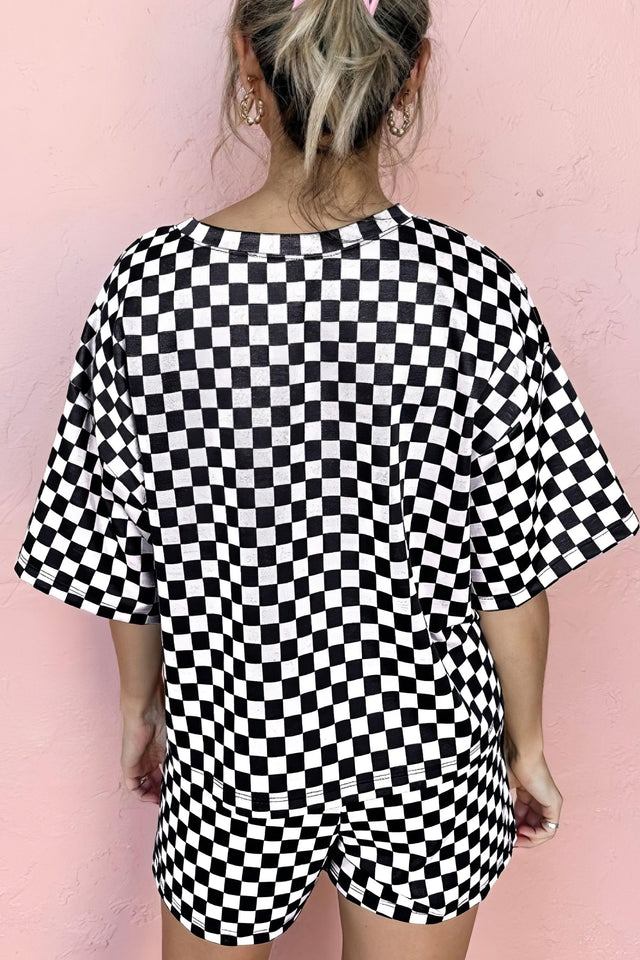 Women's checkered two-piece set with round neck top and drawstring shorts
