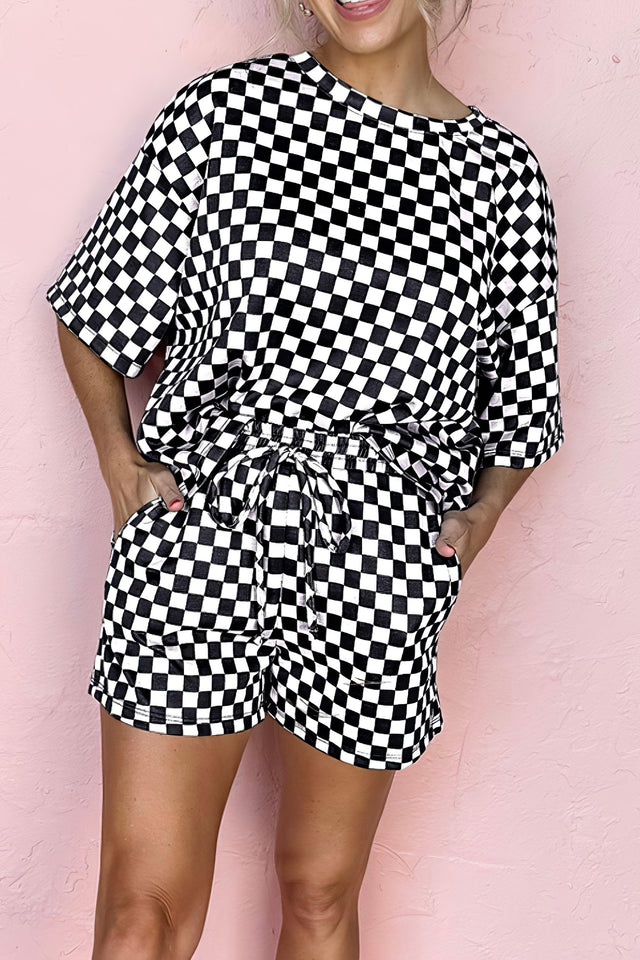 Women's checkered two-piece set with round neck top and drawstring shorts