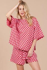 Women's checkered round neck top and shorts set with pockets and drawstring
