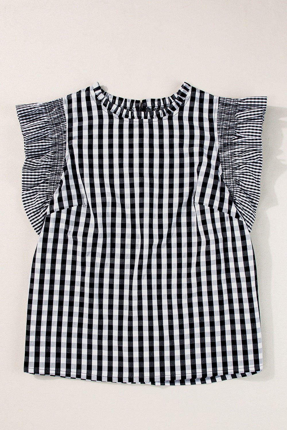 Checkered ruffled sleeve frilled neck blouse.
