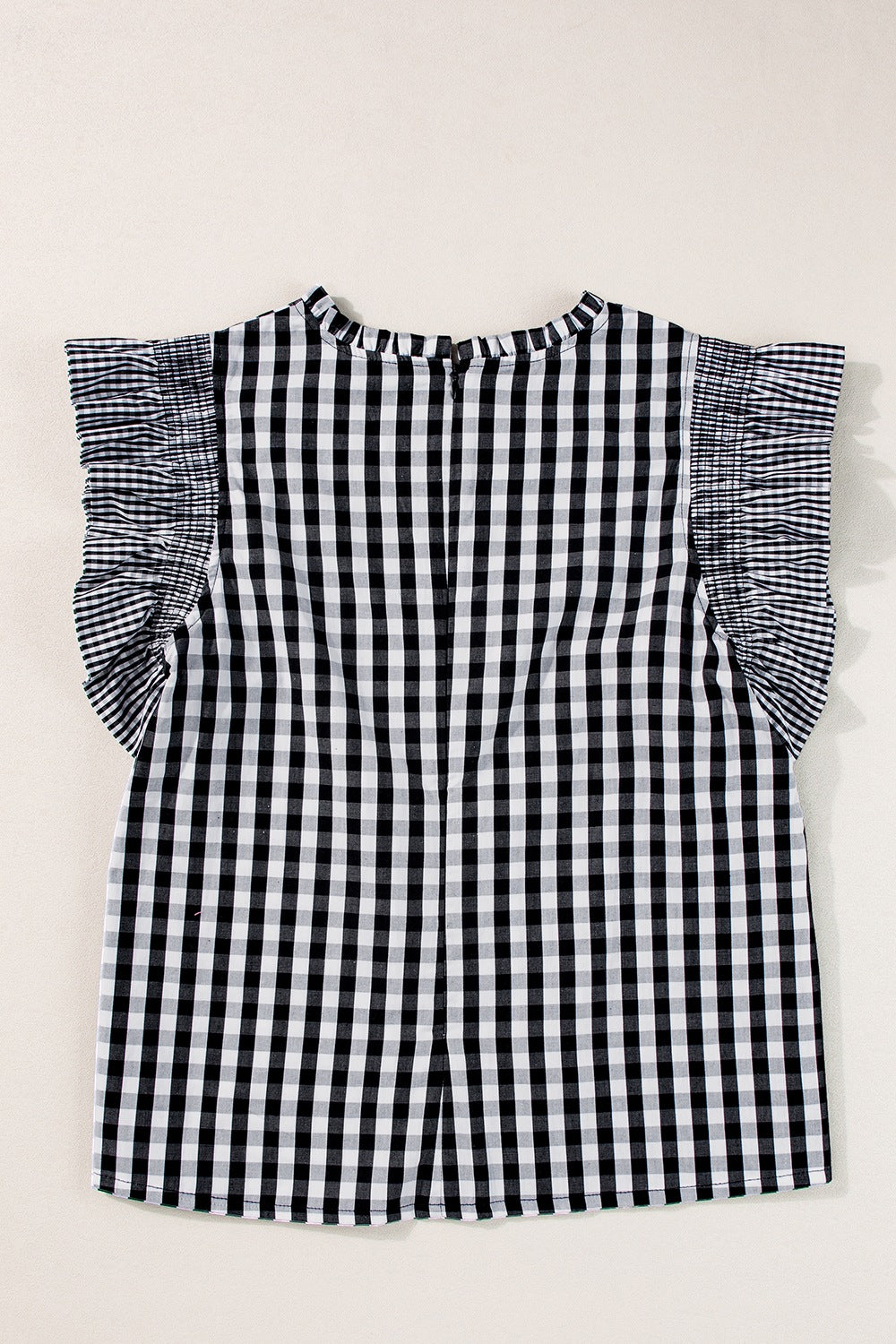 Checkered ruffled sleeve frilled neck blouse.
