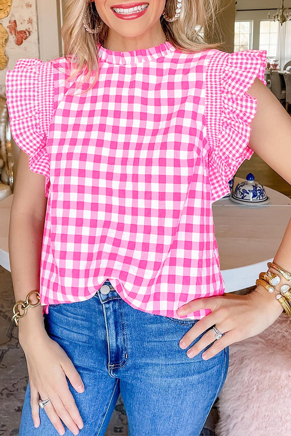 Checkered ruffled sleeve frilled neck blouse.