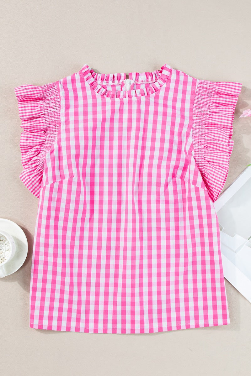 Checkered ruffled sleeve frilled neck blouse.