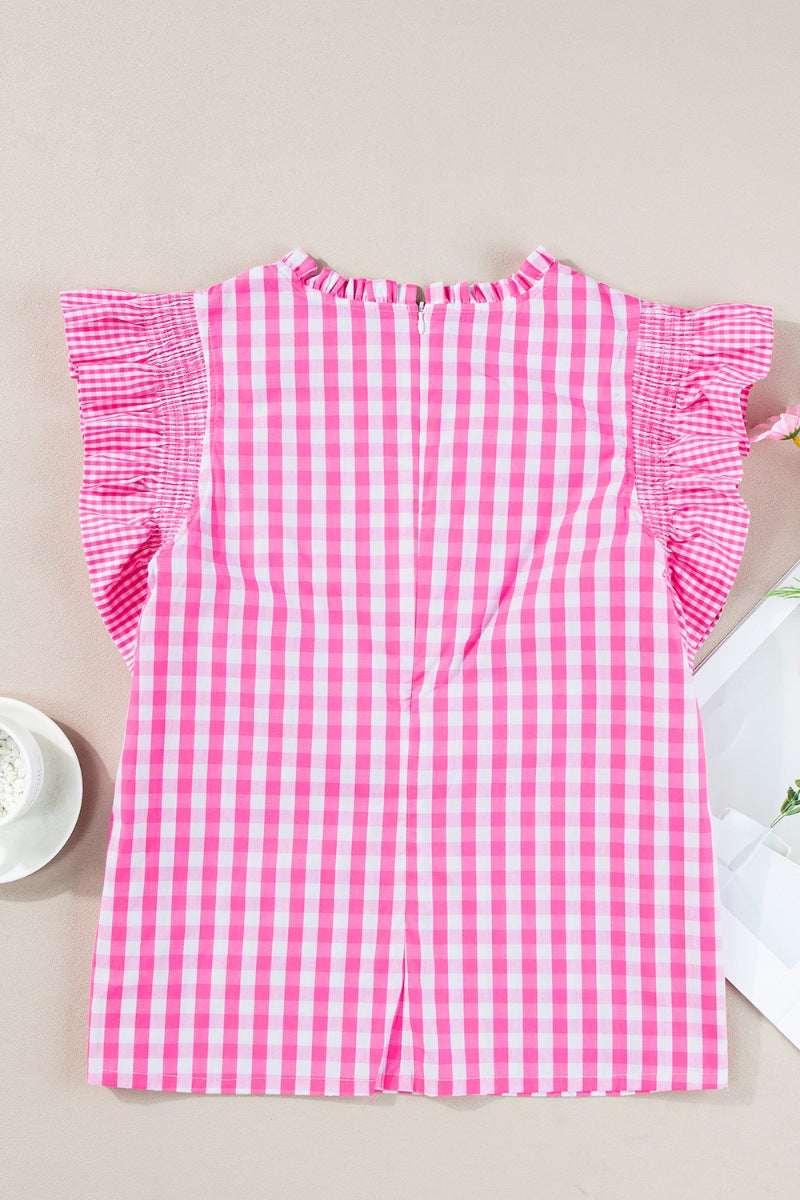 Checkered ruffled sleeve frilled neck blouse.