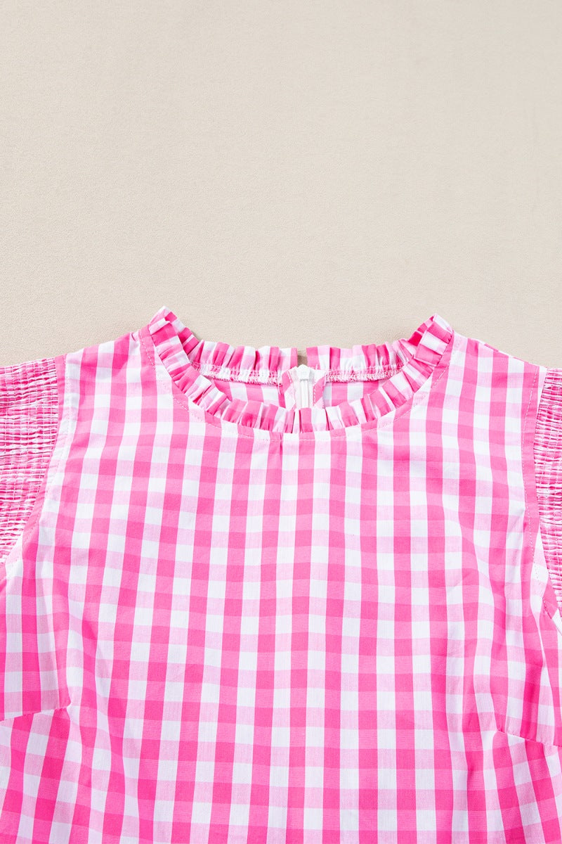 Checkered ruffled sleeve frilled neck blouse.