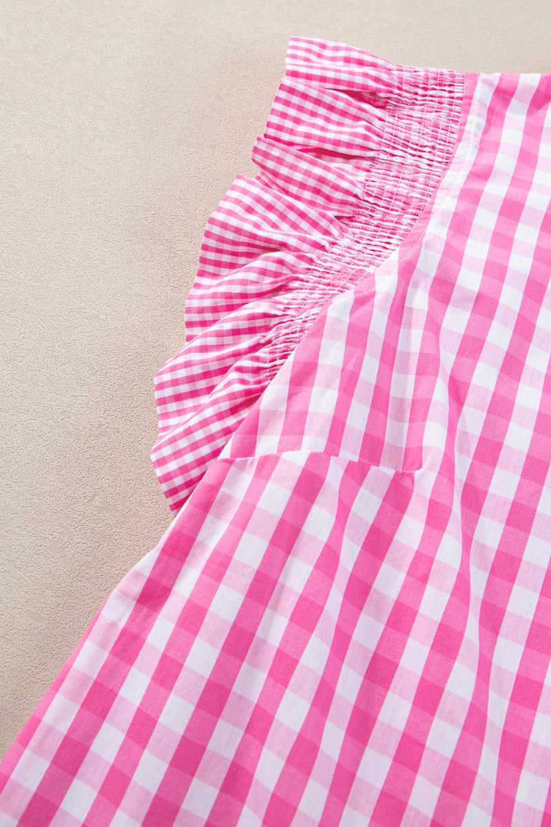 Checkered ruffled sleeve frilled neck blouse.