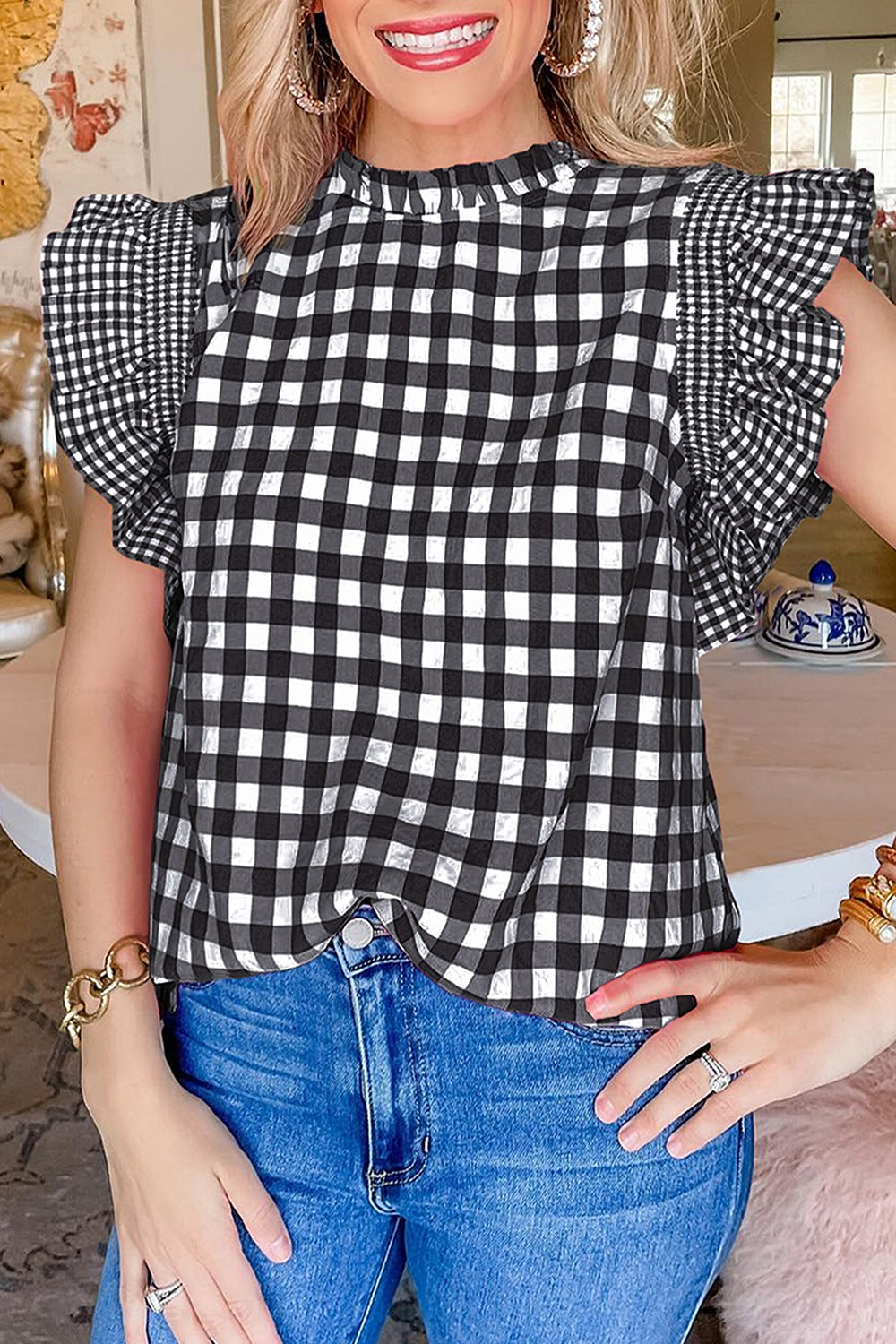 Checkered ruffled sleeve frilled neck blouse.
