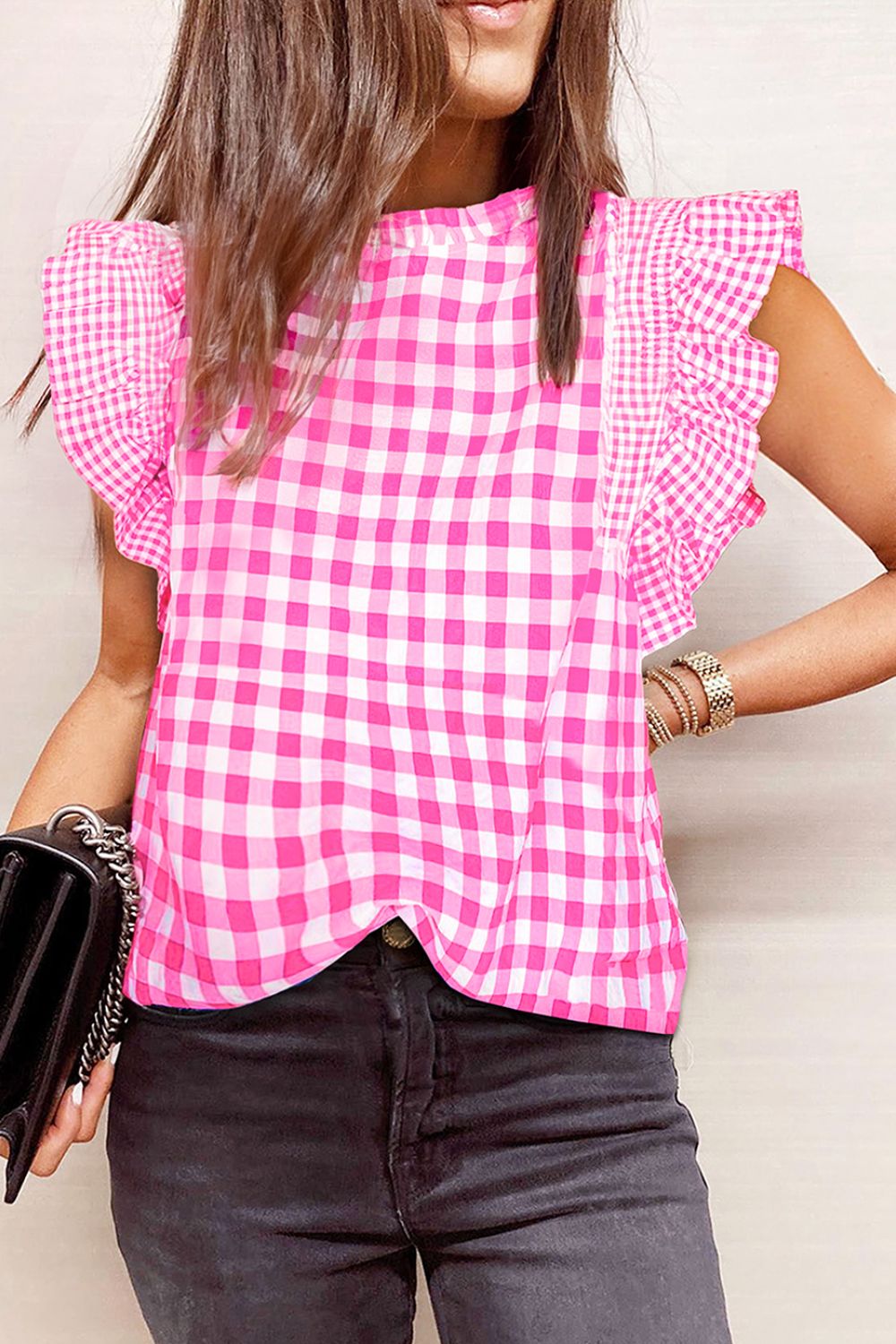 Checkered ruffled sleeve frilled neck blouse.