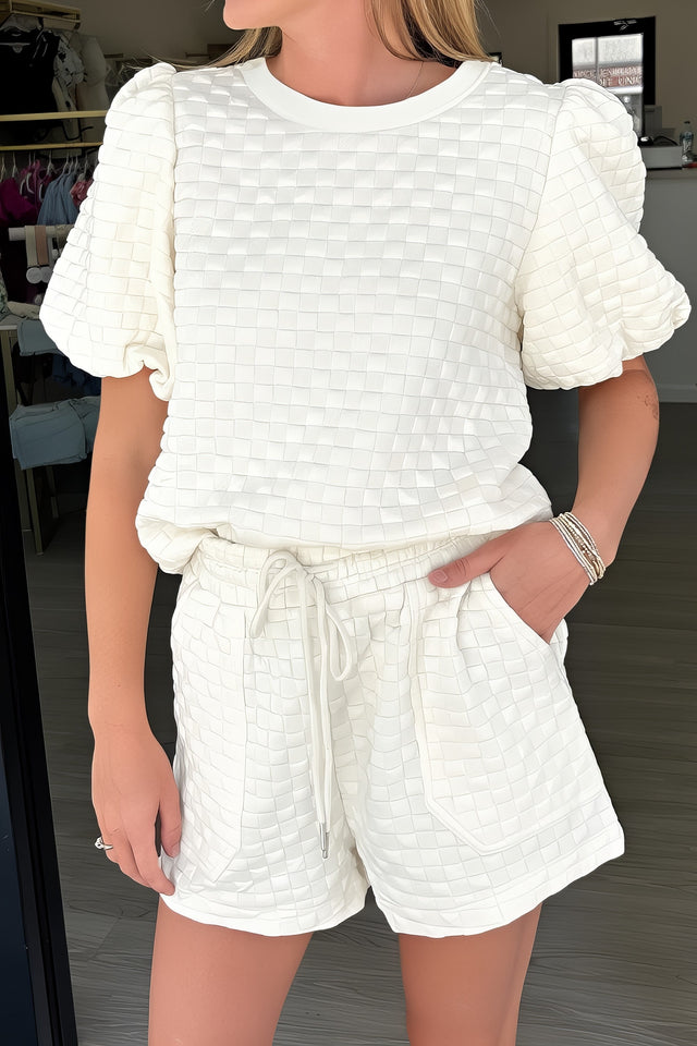 Women's checkered texture top and shorts matching set with drawstring