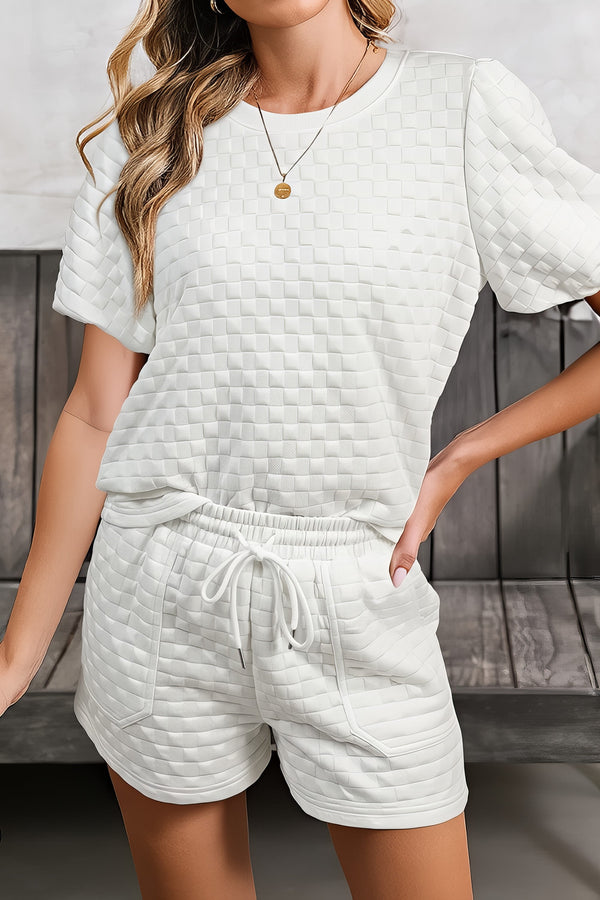 Women's checkered texture top and shorts matching set with drawstring