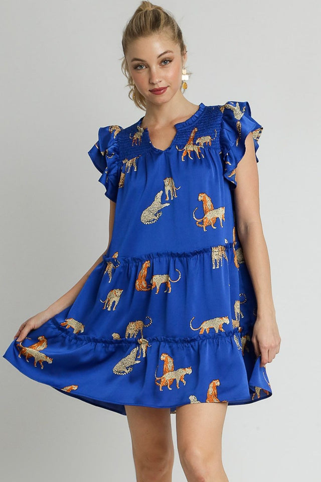 Umgee Plus Size Cheetah Print Notched Ruffle Layered Cap Sleeve Mini Dress.