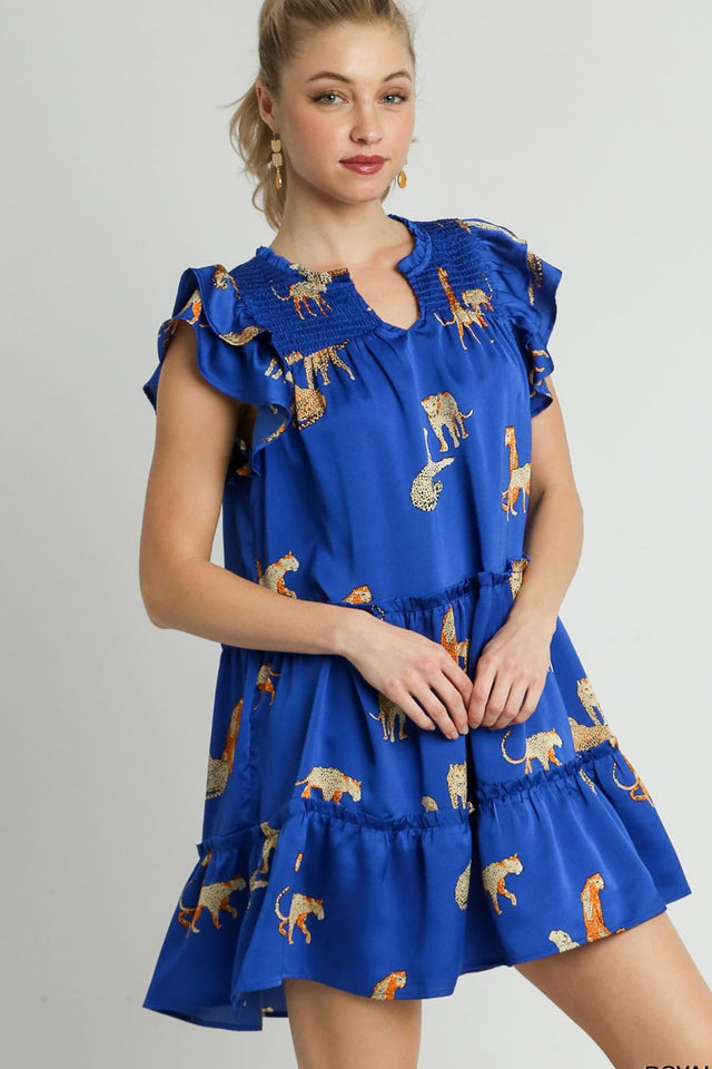Umgee Plus Size Cheetah Print Notched Ruffle Layered Cap Sleeve Mini Dress.