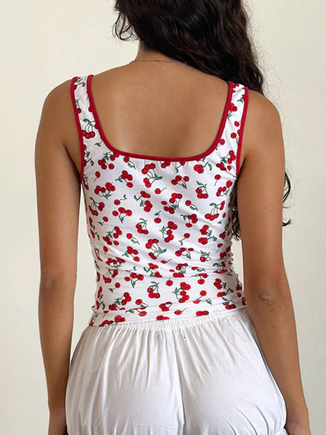 Cherry print square neck tank, opaque and slightly stretchy.