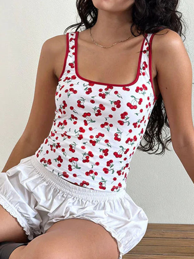 Cherry print square neck tank, opaque and slightly stretchy.