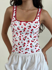 Cherry print square neck tank, opaque and slightly stretchy.