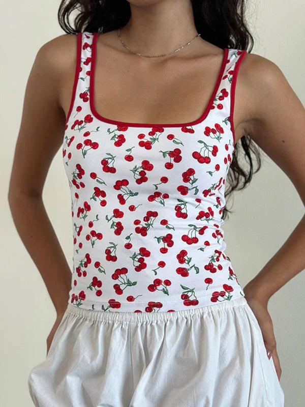 Cherry print square neck tank, opaque and slightly stretchy.