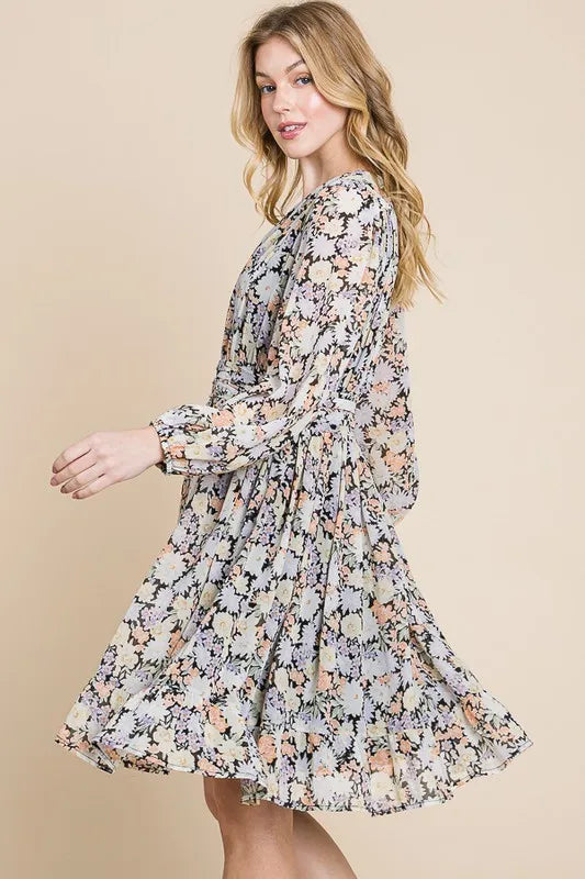 Lime N Chili Chiffon Floral Print Belted Dress with Back Zipper.