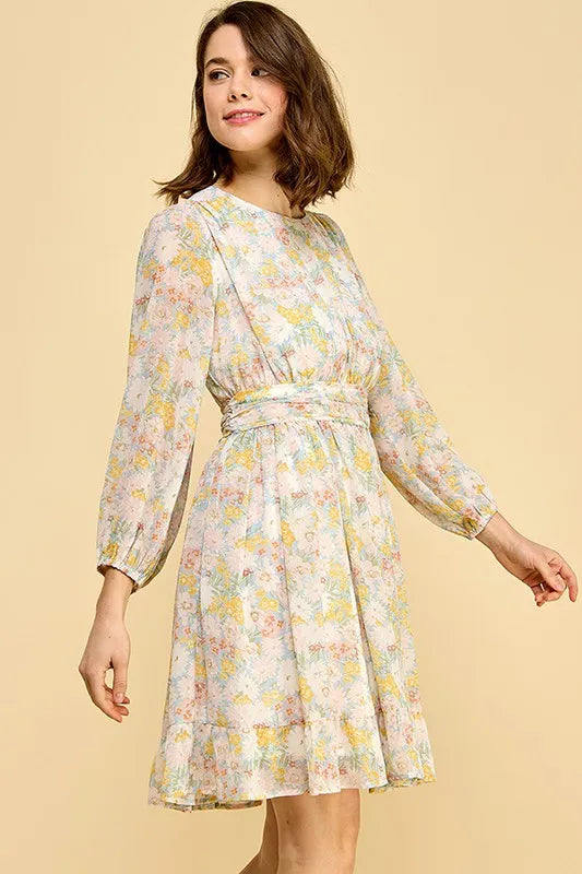 Lime N Chili Chiffon Floral Print Belted Dress with Back Zipper.