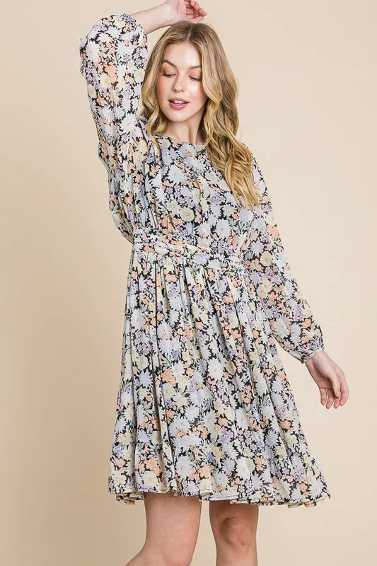 Lime N Chili Chiffon Floral Print Belted Dress with Back Zipper.