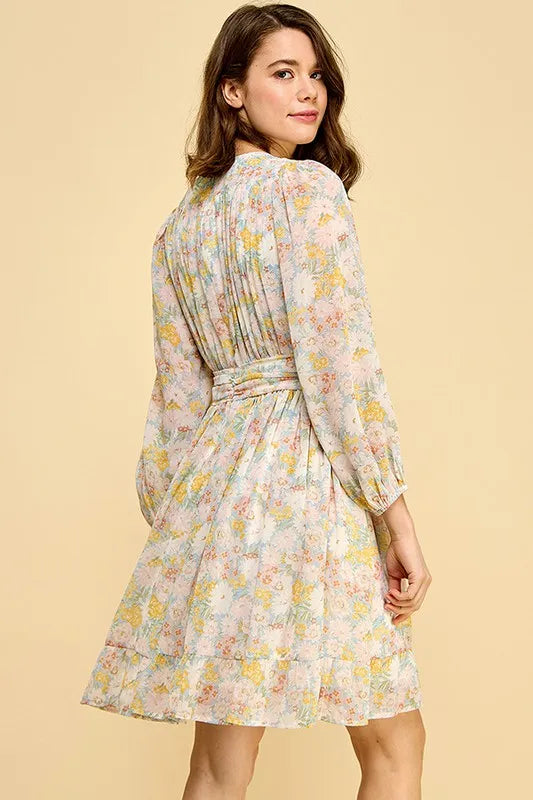 Lime N Chili Chiffon Floral Print Belted Dress with Back Zipper.