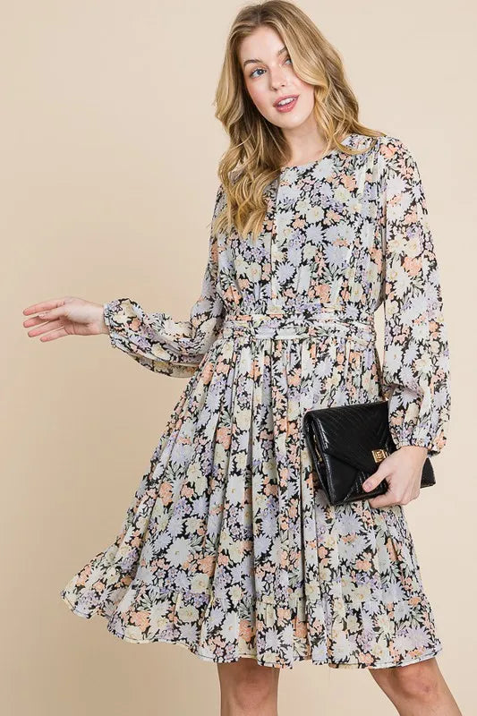 Lime N Chili Chiffon Floral Print Belted Dress with Back Zipper.