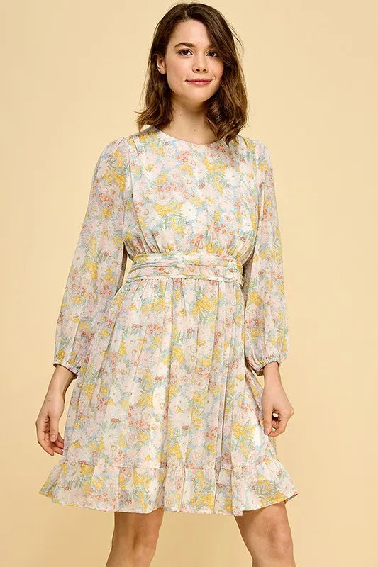 Lime N Chili Chiffon Floral Print Belted Dress with Back Zipper.