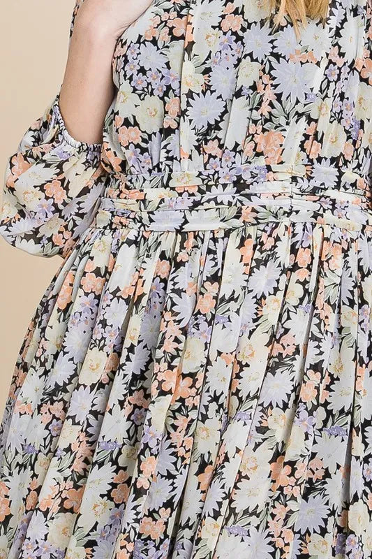 Lime N Chili Chiffon Floral Print Belted Dress with Back Zipper.