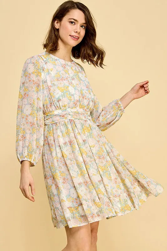 Lime N Chili Chiffon Floral Print Belted Dress with Back Zipper.