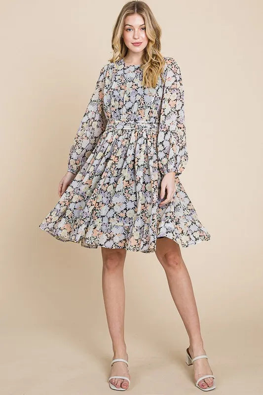 Lime N Chili Chiffon Floral Print Belted Dress with Back Zipper.