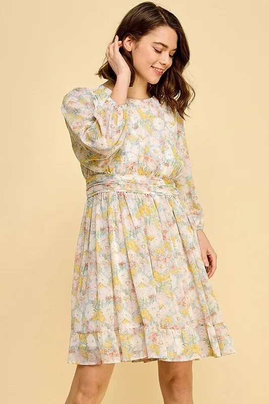 Lime N Chili Chiffon Floral Print Belted Dress with Back Zipper.