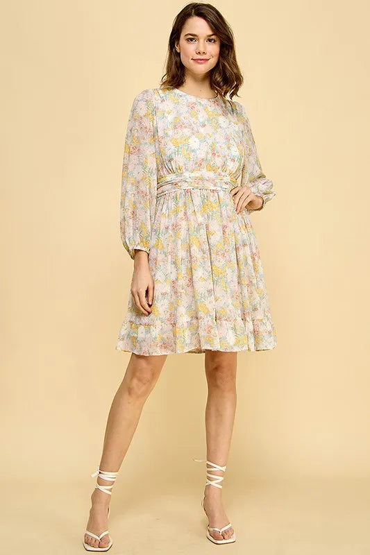 Lime N Chili Chiffon Floral Print Belted Dress with Back Zipper.