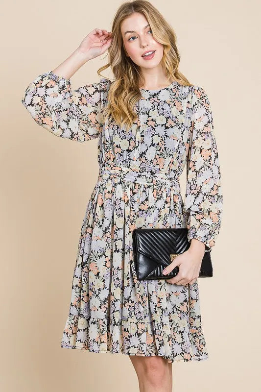 Lime N Chili Chiffon Floral Print Belted Dress with Back Zipper.