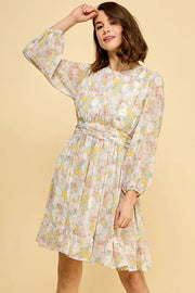 Lime N Chili Chiffon Floral Print Belted Dress with Back Zipper.