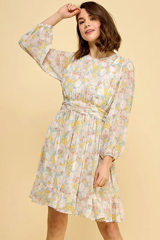Lime N Chili Chiffon Floral Print Belted Dress with Back Zipper.