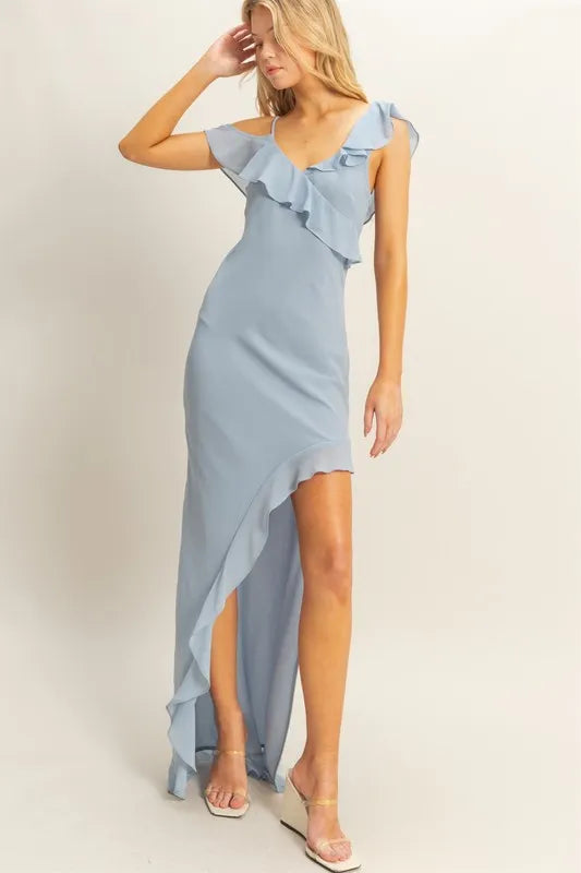 Hyfve Chiffon Ruffle Trim Midi Dress.