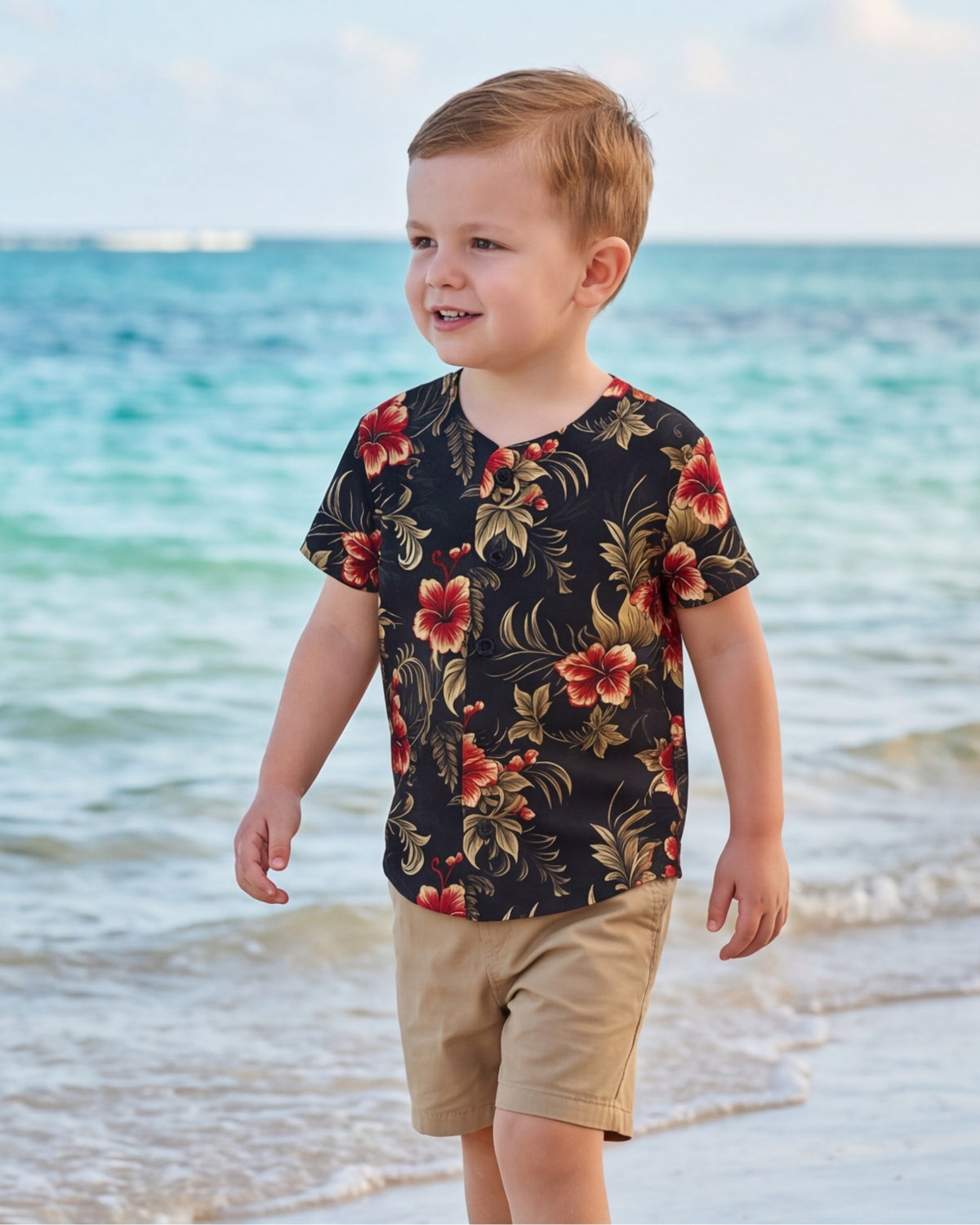 Childs Button Jersey - Midnight Hibiscus