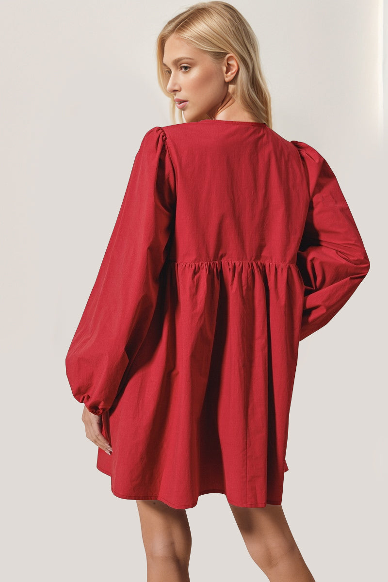 Double Take Christmas Front Tied Long Sleeve Mini Dress.